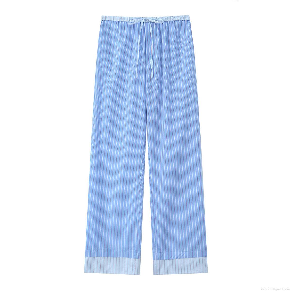 Women's Fashion Stripe Poplin Two Piece Outfits Button Down Long Sleeve Shirt and Drawstring Wide Leg Pants Loose Loungewear Set