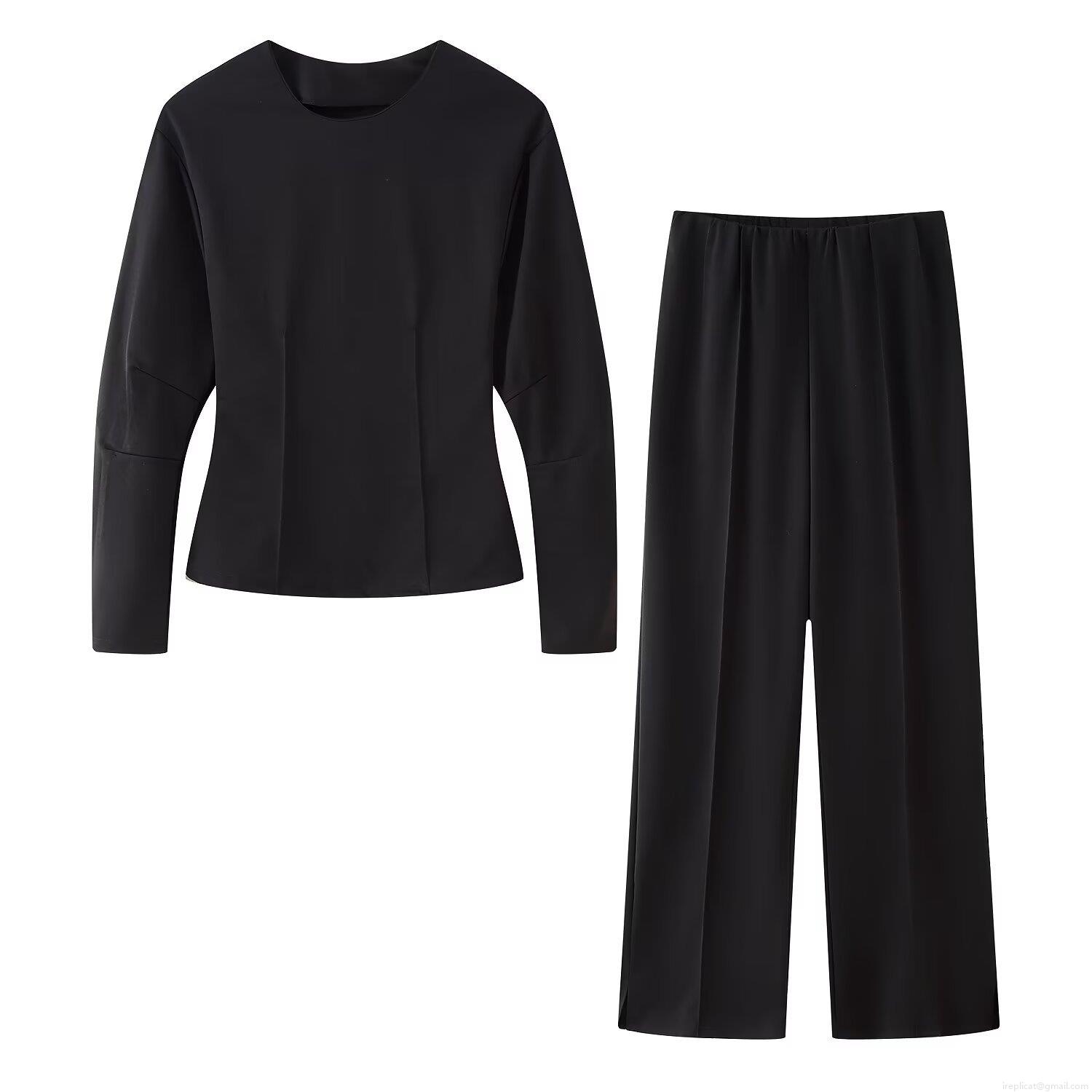 Women's Casual Two-Piece Loungewear Set Solid Round Neck Sweatshirt And High Waist Wide Leg Pants Set Polyester Sporty Tracksuit For Women