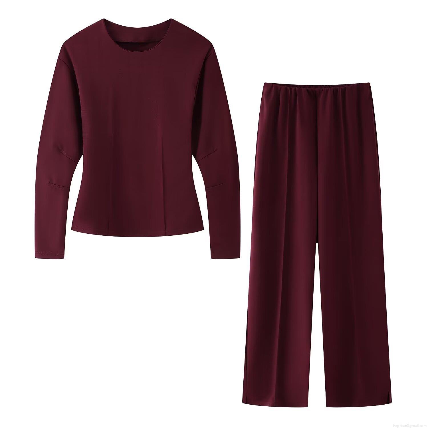 Women's Casual Two-Piece Loungewear Set Solid Round Neck Sweatshirt And High Waist Wide Leg Pants Set Polyester Sporty Tracksuit For Women