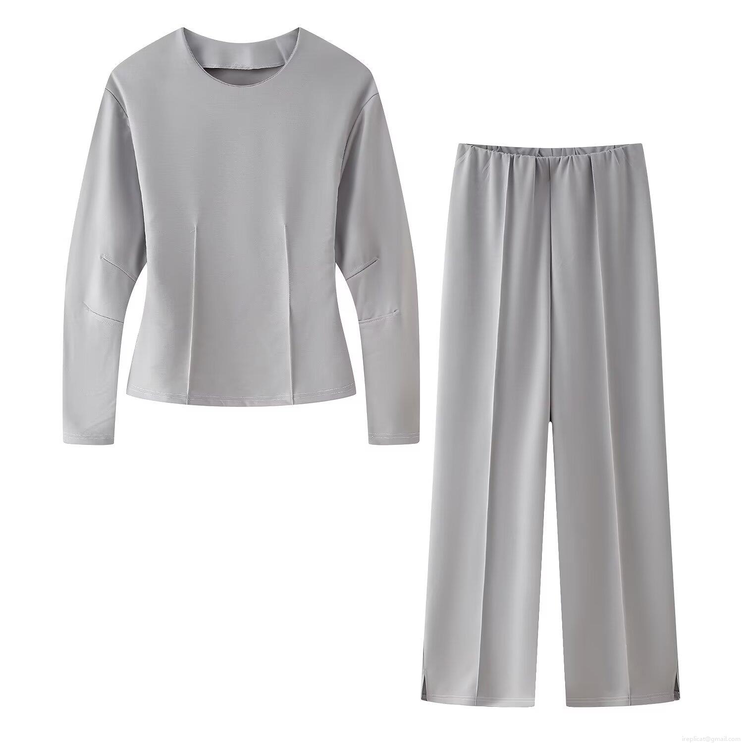 Women's Casual Two-Piece Loungewear Set Solid Round Neck Sweatshirt And High Waist Wide Leg Pants Set Polyester Sporty Tracksuit For Women