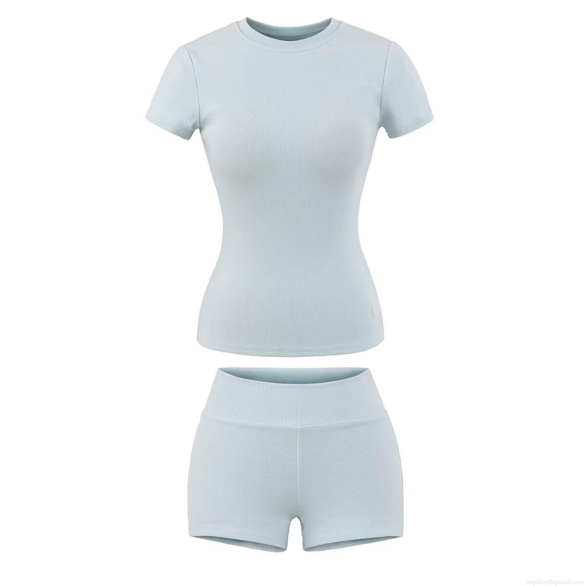 Women's Ribbed Knit Two Piece Set Round Neck Short Sleeve Slim Fit T-Shirt and High Waist Bodycon Shorts Casual Summer Loungewear Sportswear Outfits