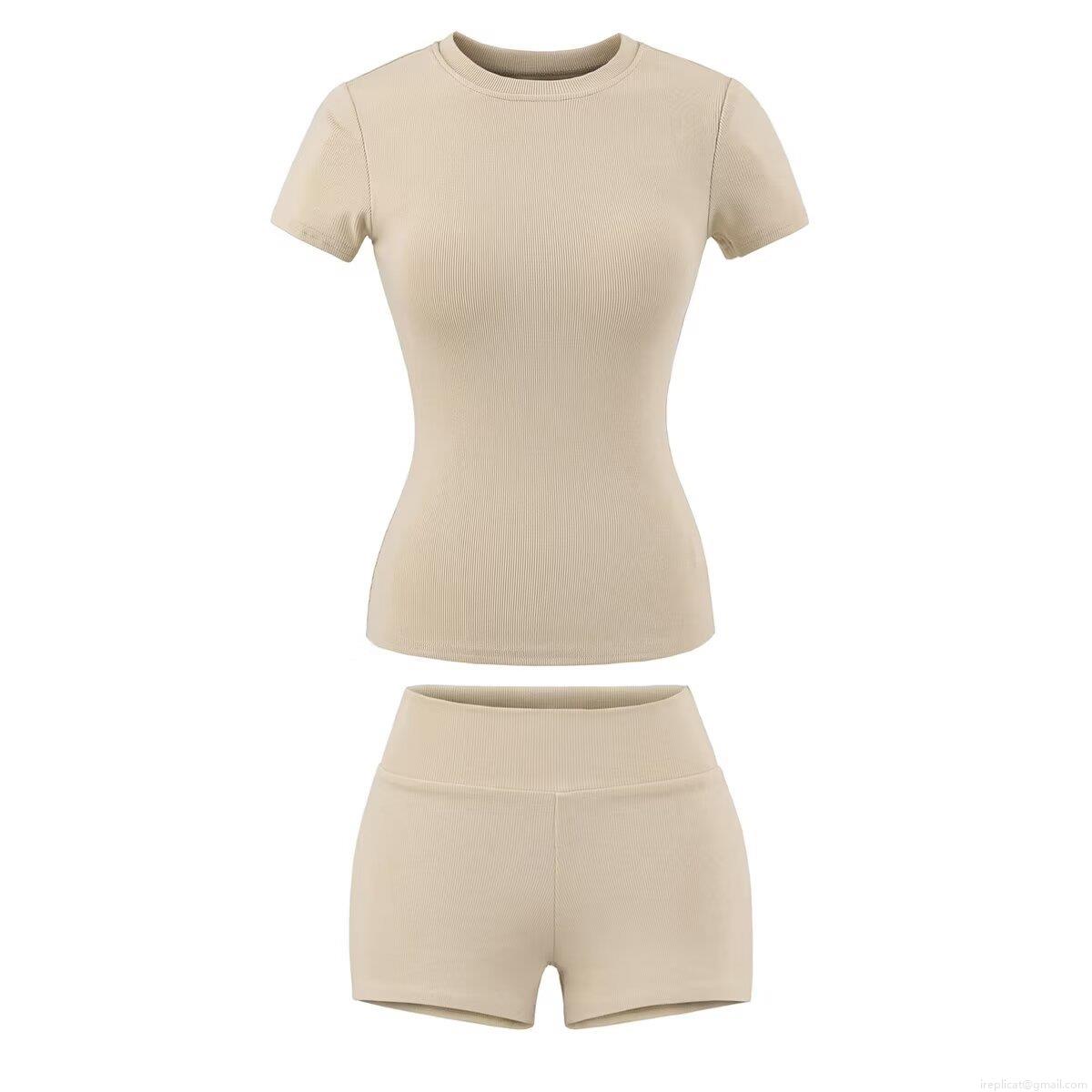 Women's Ribbed Knit Two Piece Set Round Neck Short Sleeve Slim Fit T-Shirt and High Waist Bodycon Shorts Casual Summer Loungewear Sportswear Outfits