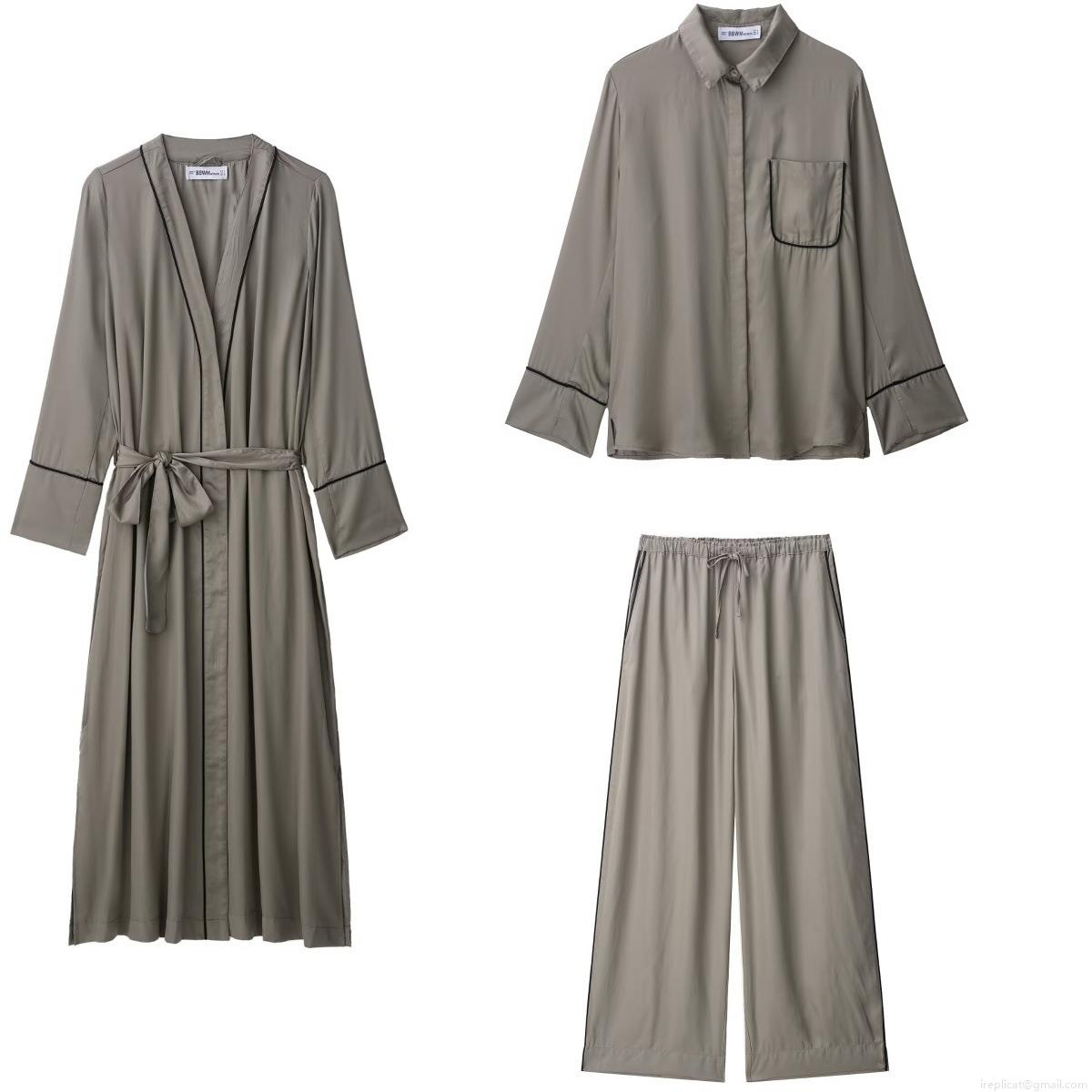 Women's Elegant 3-Piece Loungewear Set Satin Silk-Like Long Robe Button Down Shirt And Wide Leg Pants With Contrast Piping Casual Sleepwear Home Suite