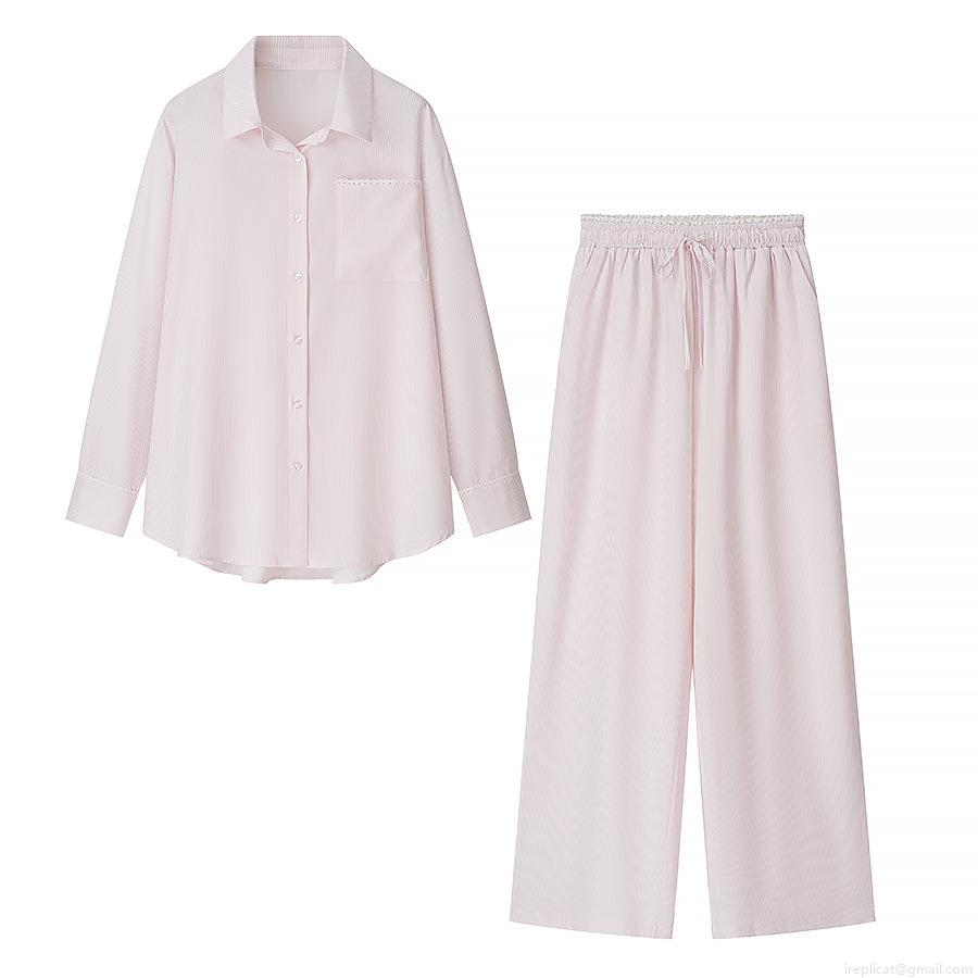 Women's Striped Lace Trim Loungewear Set Polyester Long Sleeve Button Down Shirt And Elastic Waist Wide Leg Casual Pants Street Fashion Two Piece Set