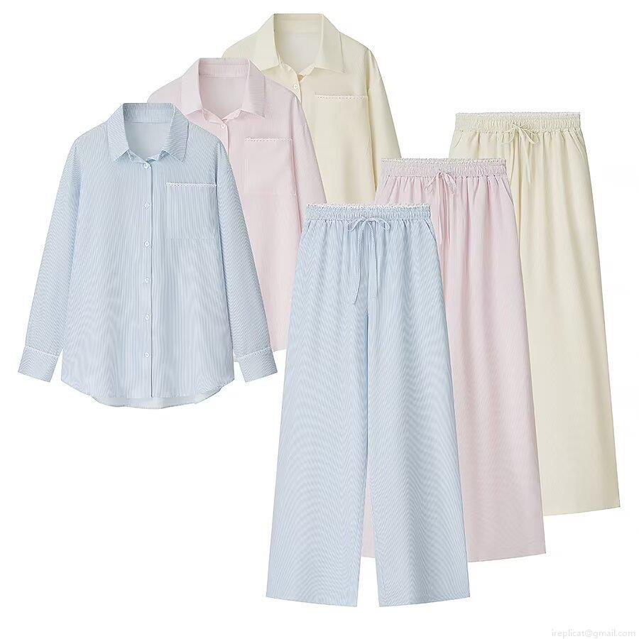 Women's Striped Lace Trim Loungewear Set Polyester Long Sleeve Button Down Shirt And Elastic Waist Wide Leg Casual Pants Street Fashion Two Piece Set
