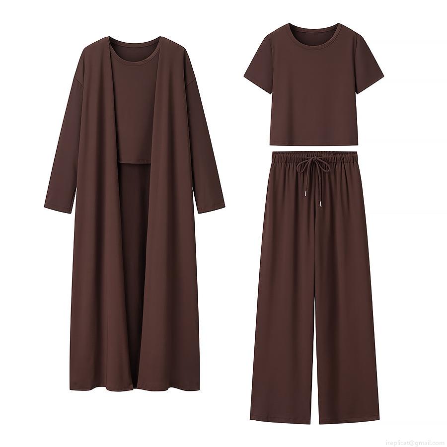 Women's 3-Piece Knitted Loungewear Set 100% Polyester Long Cardigan Open Front Coat Short Sleeve T-Shirt And Drawstring Wide Leg Pants Casual Streetwear Outfits