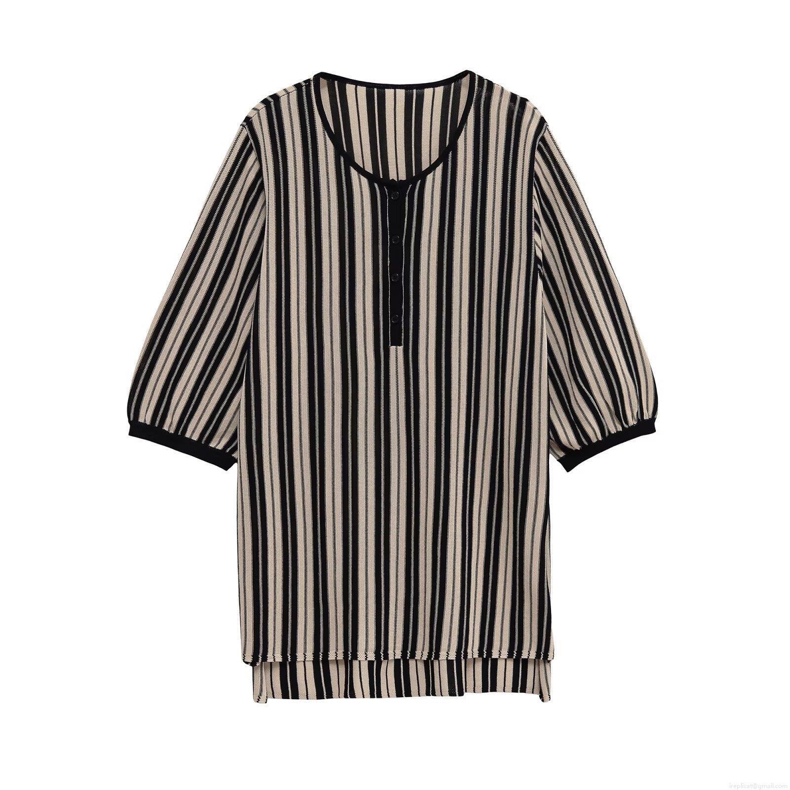 Women's Striped Knit Casual Loungewear Set Long Sleeve Henley Top Wide Leg Pants And V Neck Tie Midi Dress Soft Autumn Three Piece Co-ords Outfits