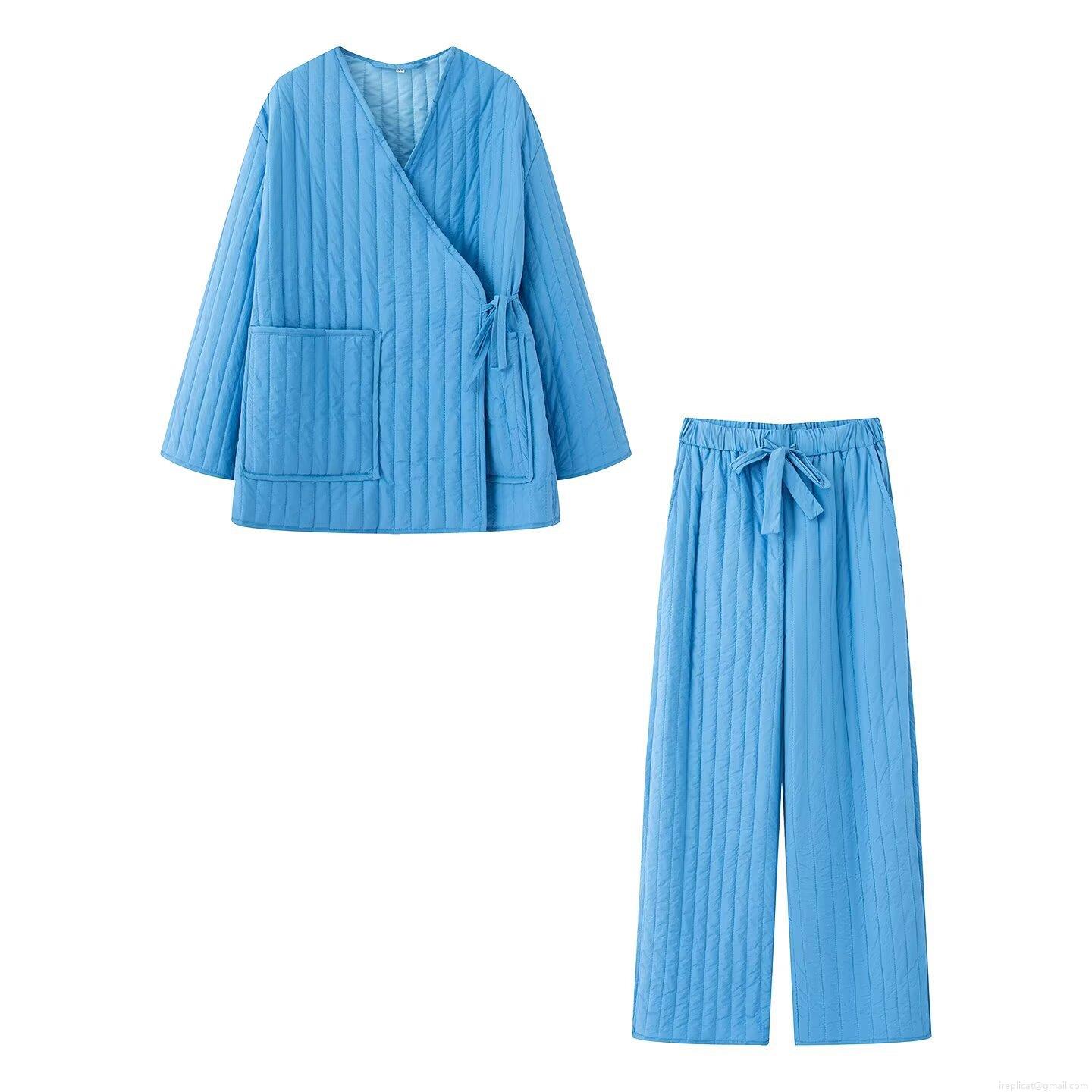 Women's Kimono Style Quilted Loungewear Set Warm Polyester Padded Home Suit Lace-up Top and Drawstring Wide Leg Pants Soft Japanese Casual Pajamas Winter Clothing