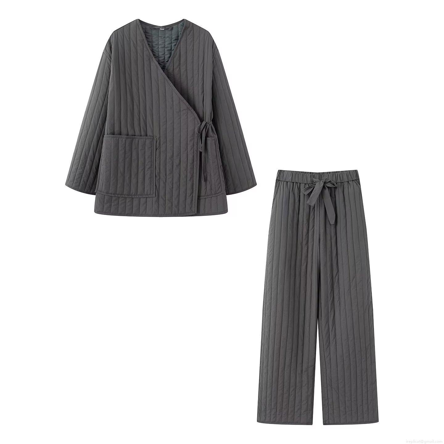 Women's Kimono Style Quilted Loungewear Set Warm Polyester Padded Home Suit Lace-up Top and Drawstring Wide Leg Pants Soft Japanese Casual Pajamas Winter Clothing