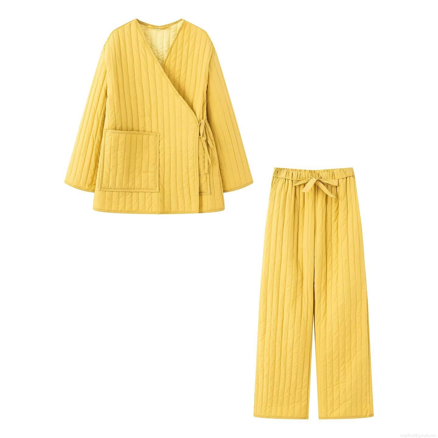 Women's Kimono Style Quilted Loungewear Set Warm Polyester Padded Home Suit Lace-up Top and Drawstring Wide Leg Pants Soft Japanese Casual Pajamas Winter Clothing