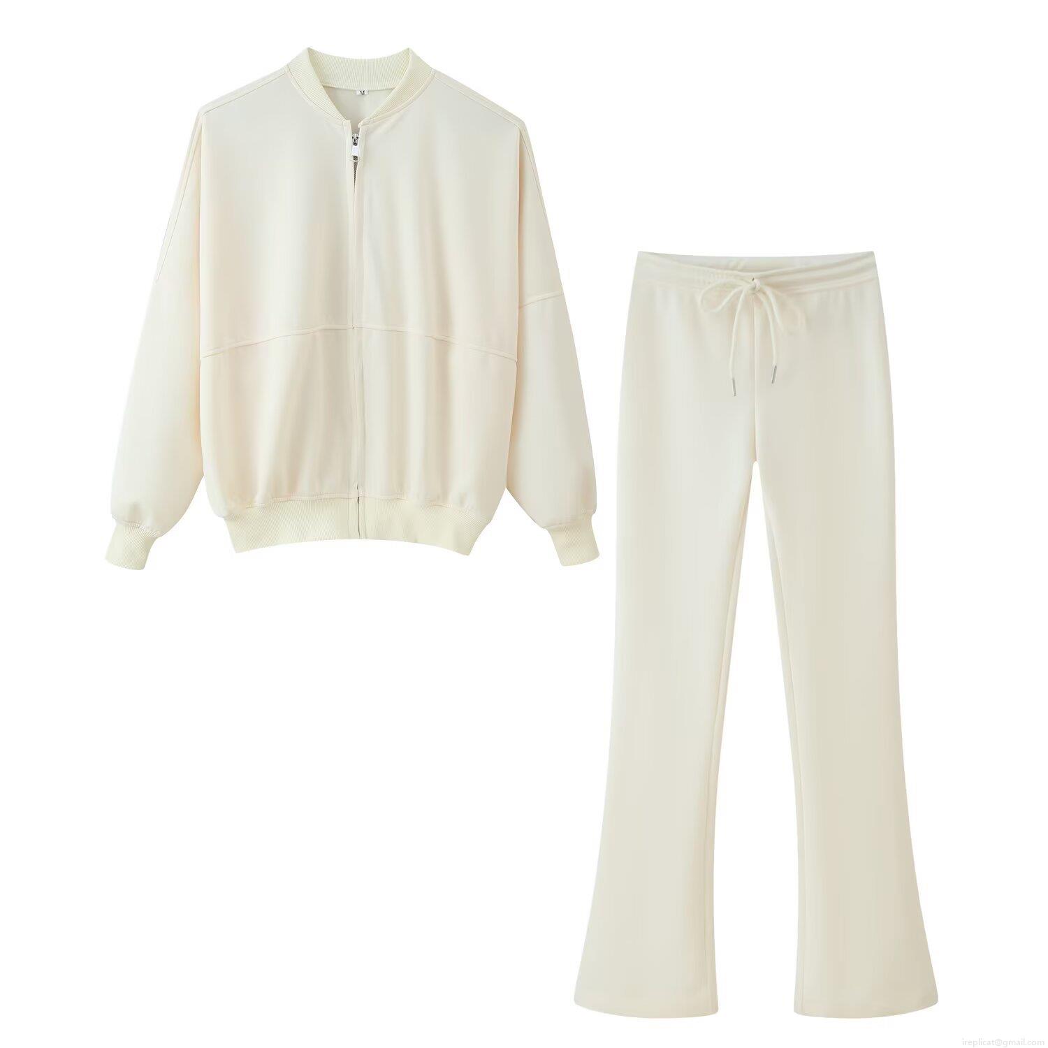 Women's 2 Piece Casual Outfits Polyester Zip Up Stand Collar Loose Jacket and High Waist Flared Pants Set Streetwear Autumn Sporty Tracksuit