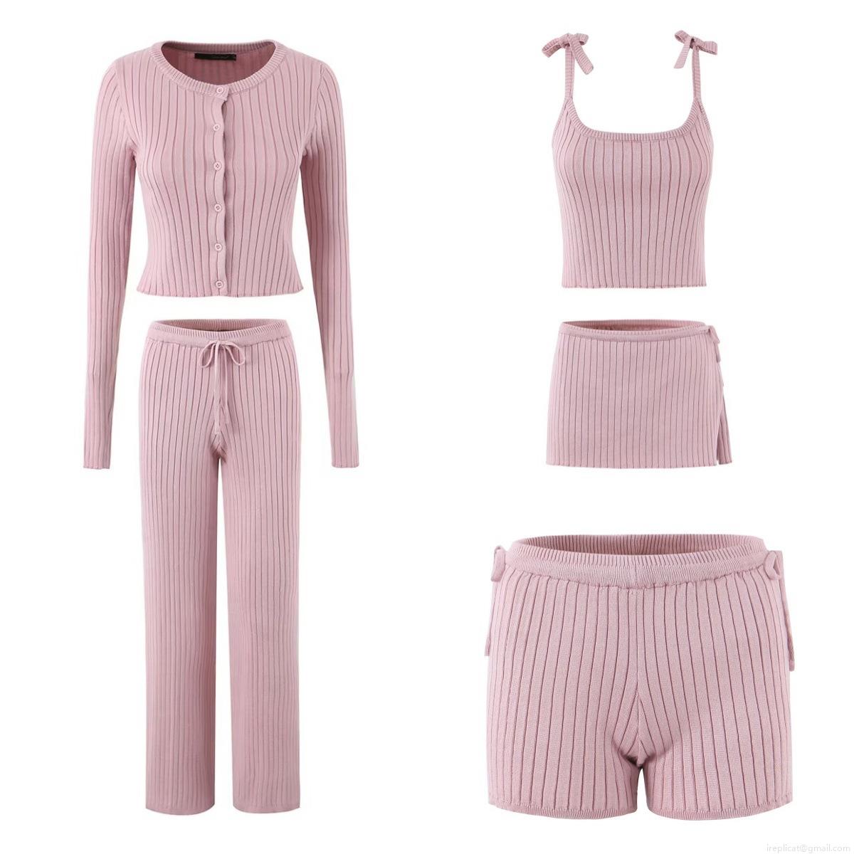 Women's 5-Piece Knit Lounge Set 60% Viscose Ribbed Cardigan Camisole Shorts Skirt And Trousers Autumn Solid Color Soft Streetwear Outfit