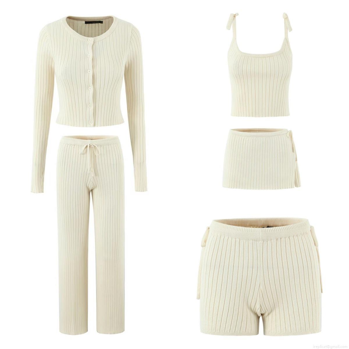 Women's 5-Piece Knit Lounge Set 60% Viscose Ribbed Cardigan Camisole Shorts Skirt And Trousers Autumn Solid Color Soft Streetwear Outfit