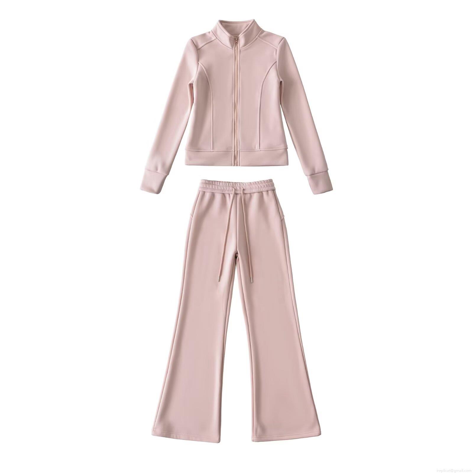 Women's 2-Piece Fleece Lined Tracksuit Set Solid Color Stand Collar Zipper Jacket and High Waist Wide Leg Sweatpants Casual Sporty Loungewear Outfits