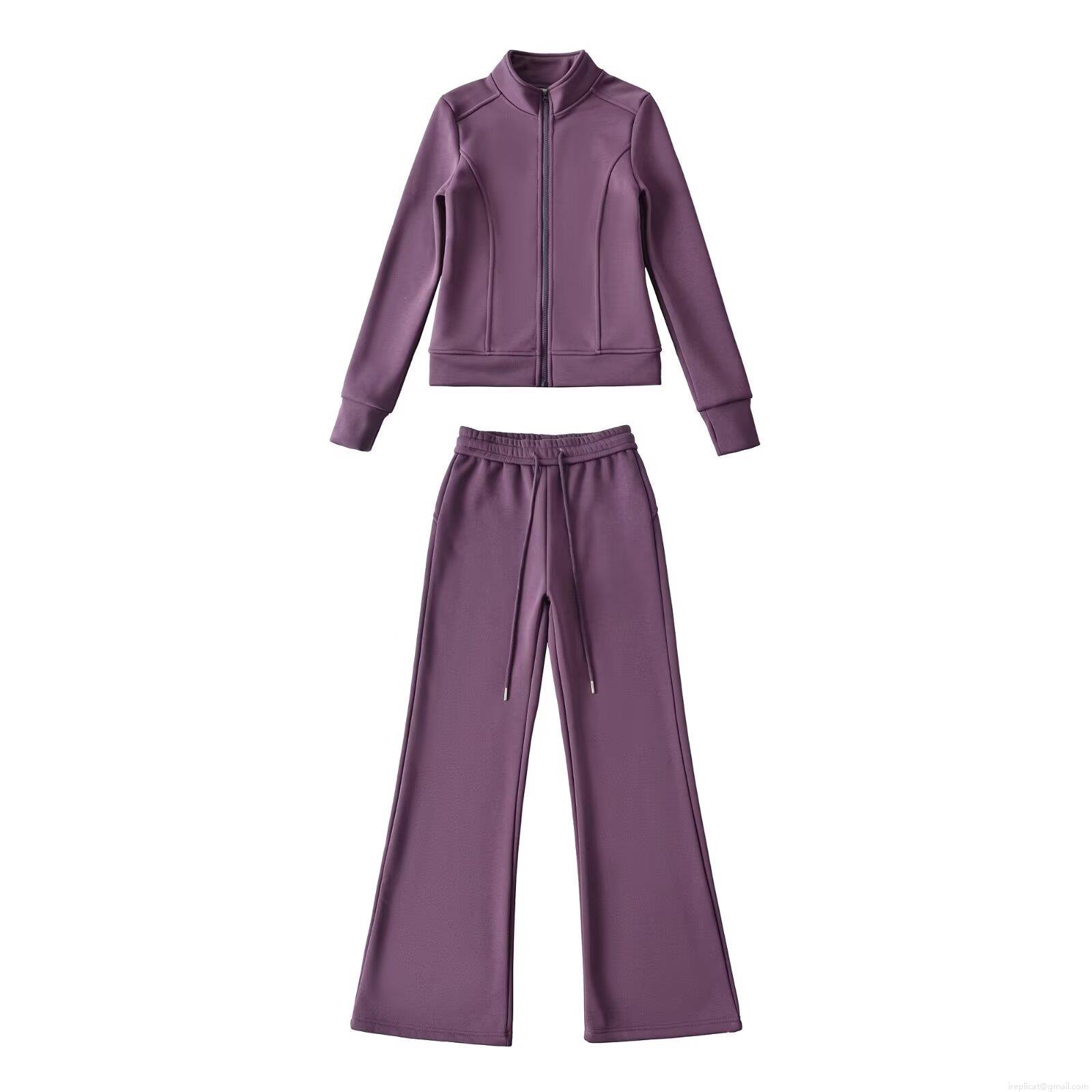 Women's 2-Piece Fleece Lined Tracksuit Set Solid Color Stand Collar Zipper Jacket and High Waist Wide Leg Sweatpants Casual Sporty Loungewear Outfits