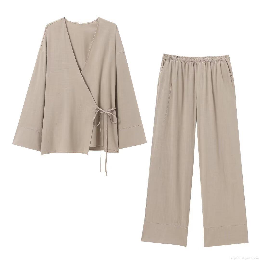 Women Casual Cotton Linen Kimono Wrap Top And Wide Leg Pants Two Piece Set Solid Color Minimalist Loungewear Long Sleeve Tied Waist High Rise Trousers Streetwear Outfits