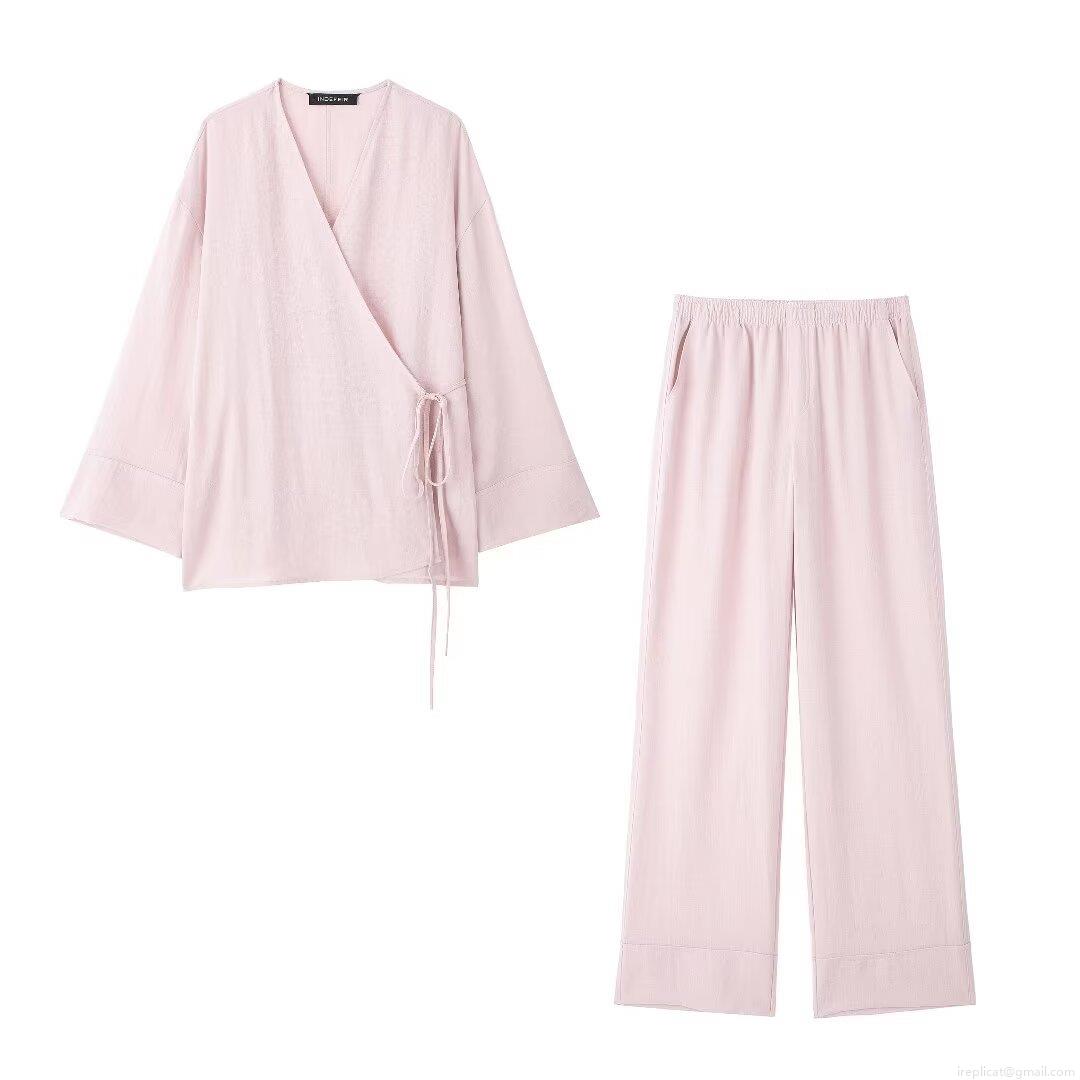 Women Casual Cotton Linen Kimono Wrap Top And Wide Leg Pants Two Piece Set Solid Color Minimalist Loungewear Long Sleeve Tied Waist High Rise Trousers Streetwear Outfits