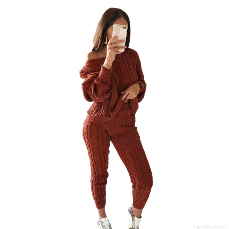 Women's Cable Knit 2 Piece Outfits Casual Long Sleeve Crewneck Pullover Sweater and High Waist Elastic Knit Pants Lounge Set Tracksuit