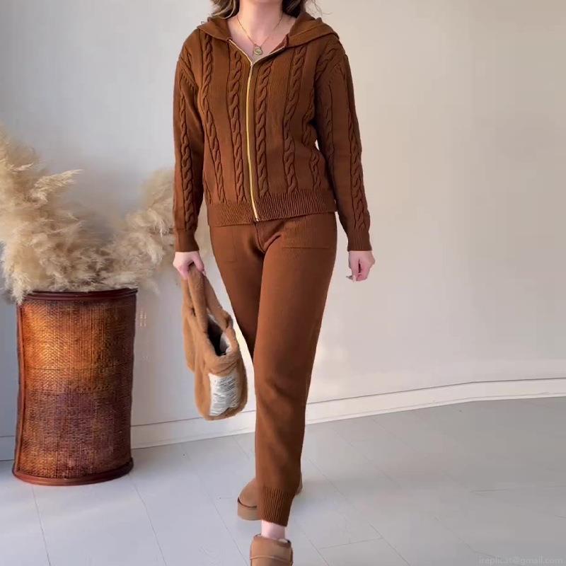 Women's Cable Knit Loungewear Set Hooded Zip-up Cardigan and Matching Pants Two Piece Sweater Suit Winter Casual Homewear Cozy Soft Knit Outfits