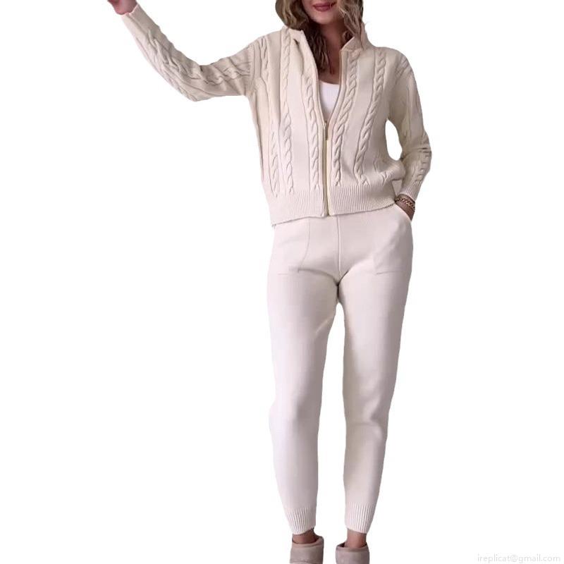 Women's Cable Knit Loungewear Set Hooded Zip-up Cardigan and Matching Pants Two Piece Sweater Suit Winter Casual Homewear Cozy Soft Knit Outfits