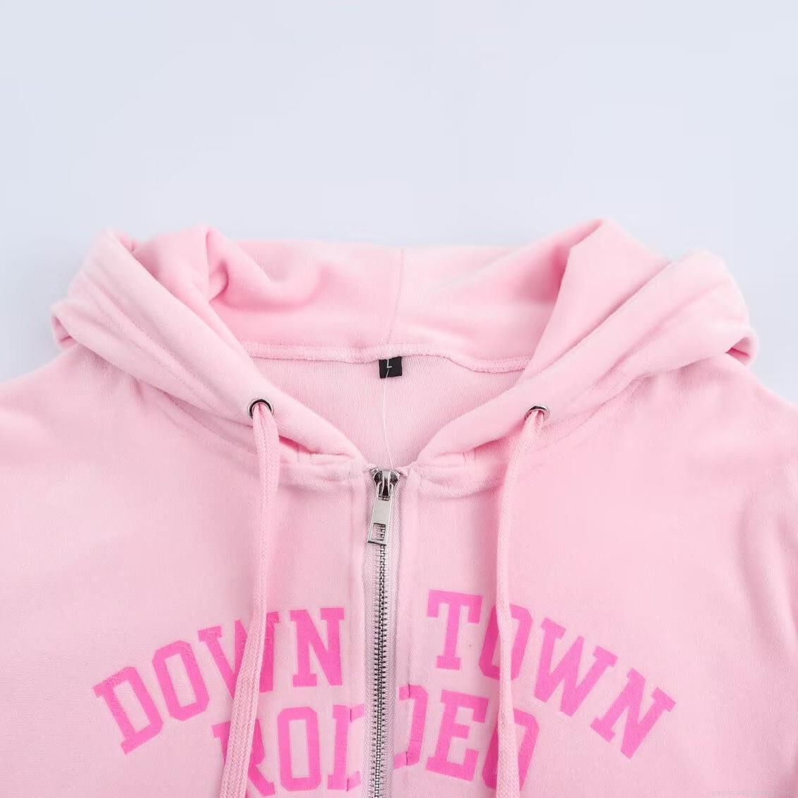 Women's Pink Velour Tracksuit Set Fashion Zip Up Hooded Sweatshirt and Drawstring Flare Leg Pants Two Piece Casual Loungewear Outfits for Women