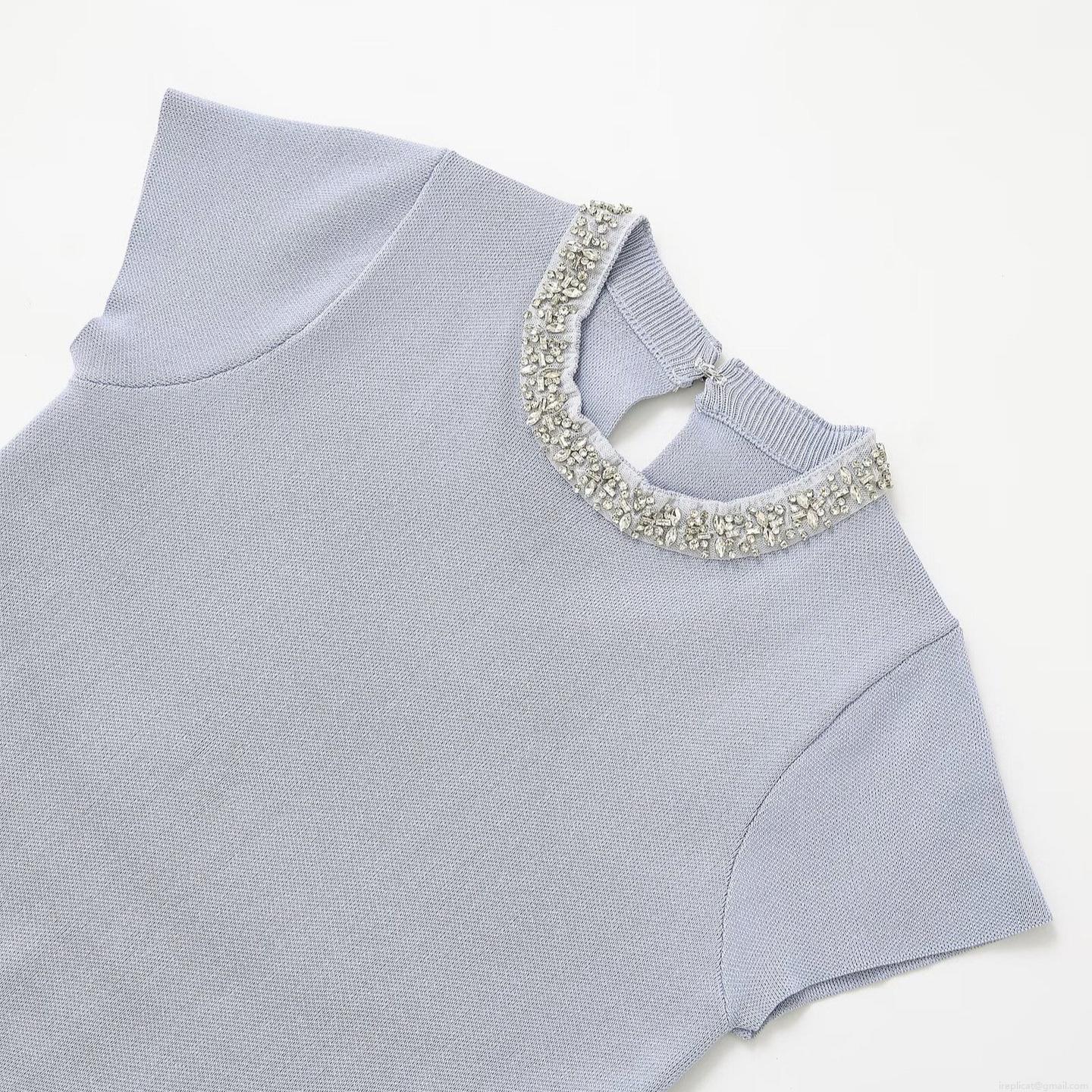 Women's Elegant Knit Two Piece Set Jeweled Neck Short Sleeve Top And High Waist Pleated Mini Skirt Summer Casual Office Wear Sweet Chic Outfits