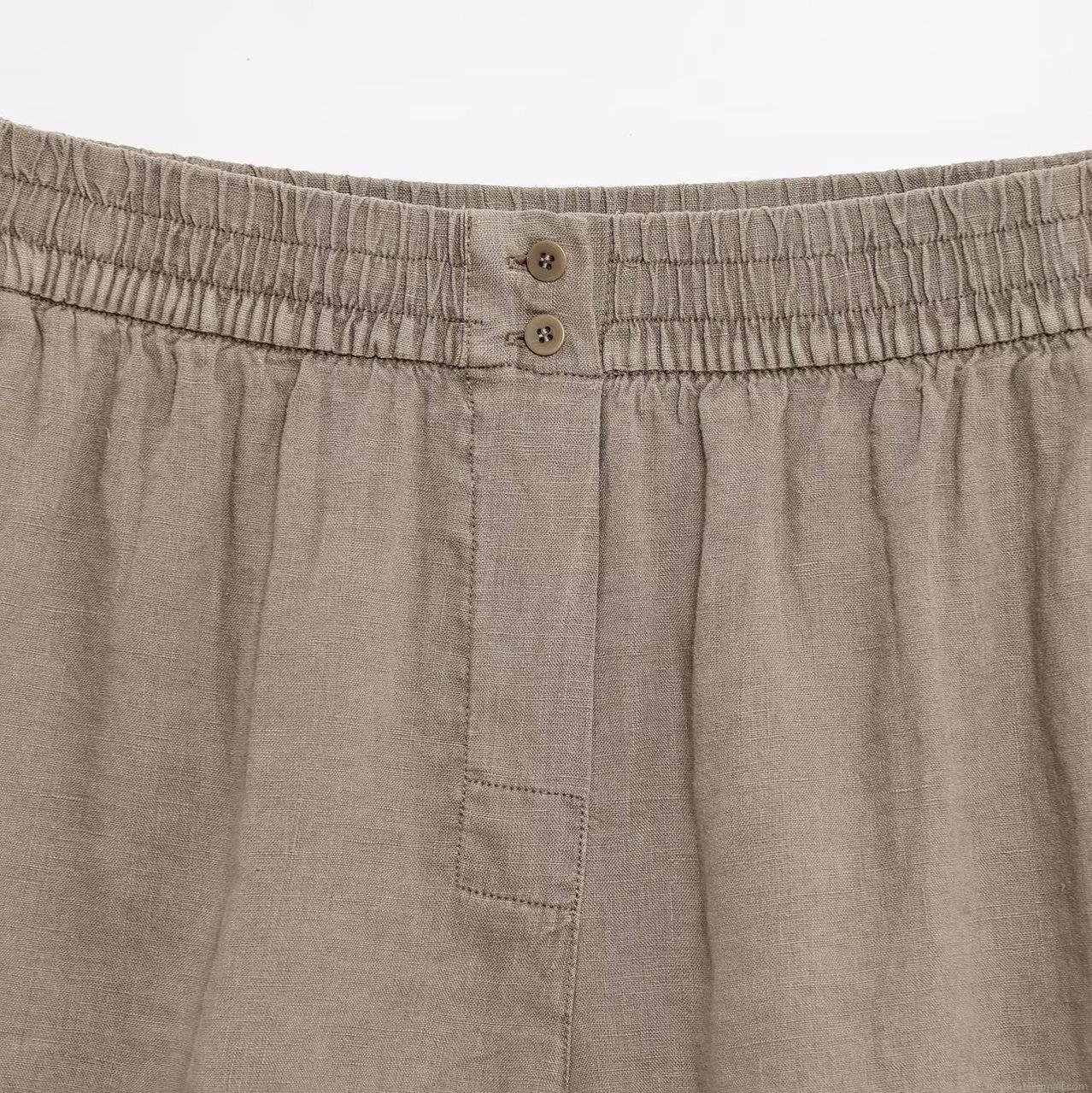Women's Casual Natural Linen Shirt And Shorts Two-Piece Set Summer Solid Color Loose Breathable Hemp Texture Short Sleeve Outfits Loungewear For Lady