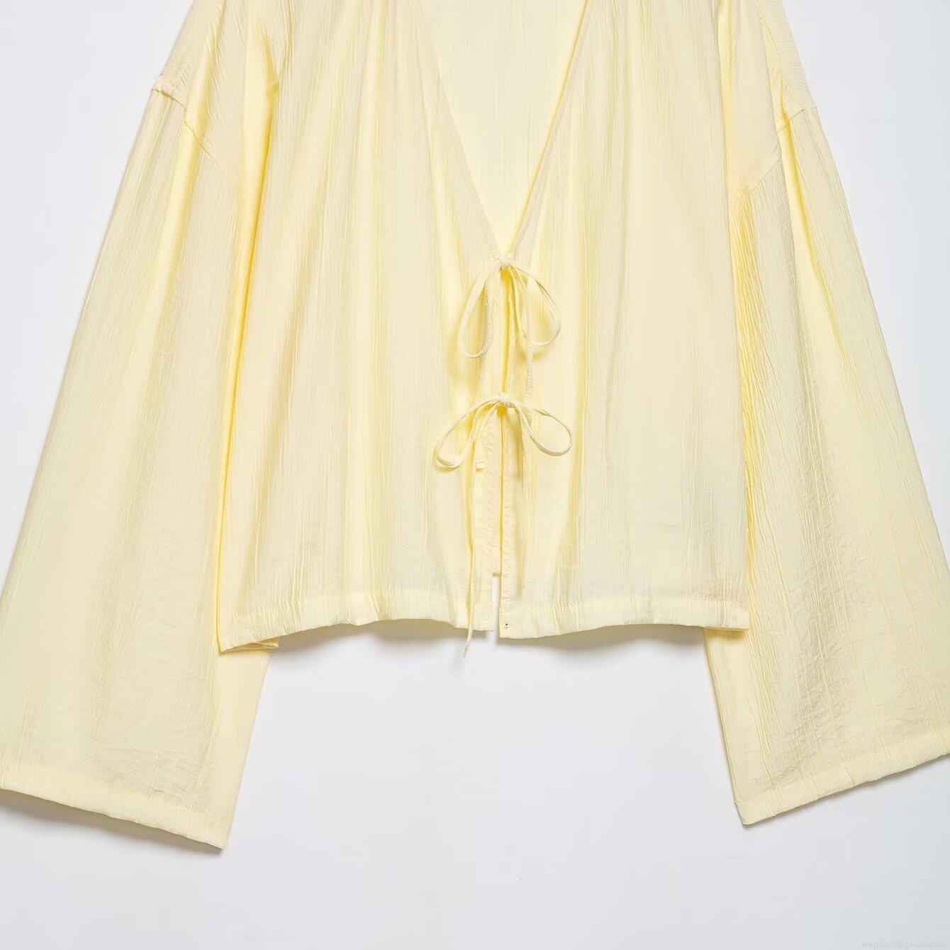 Women's 2-Piece Loungewear Set Pleated Texture Kimono Style Tie-Front Long Sleeve Top And Drawstring Waist Shorts Casual Summer Lightweight Outfit