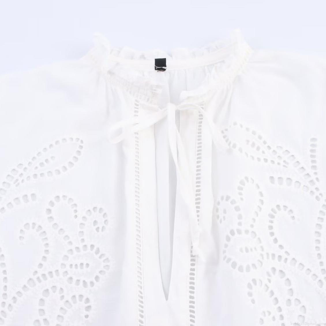 Women's Bohemian Hollow Out Embroidery Two Piece Set 85% Cotton Lace-up V-Neck Short Sleeve Blouse And Elastic Waist A-Line Midi Skirt Sweet White Casual Outfit