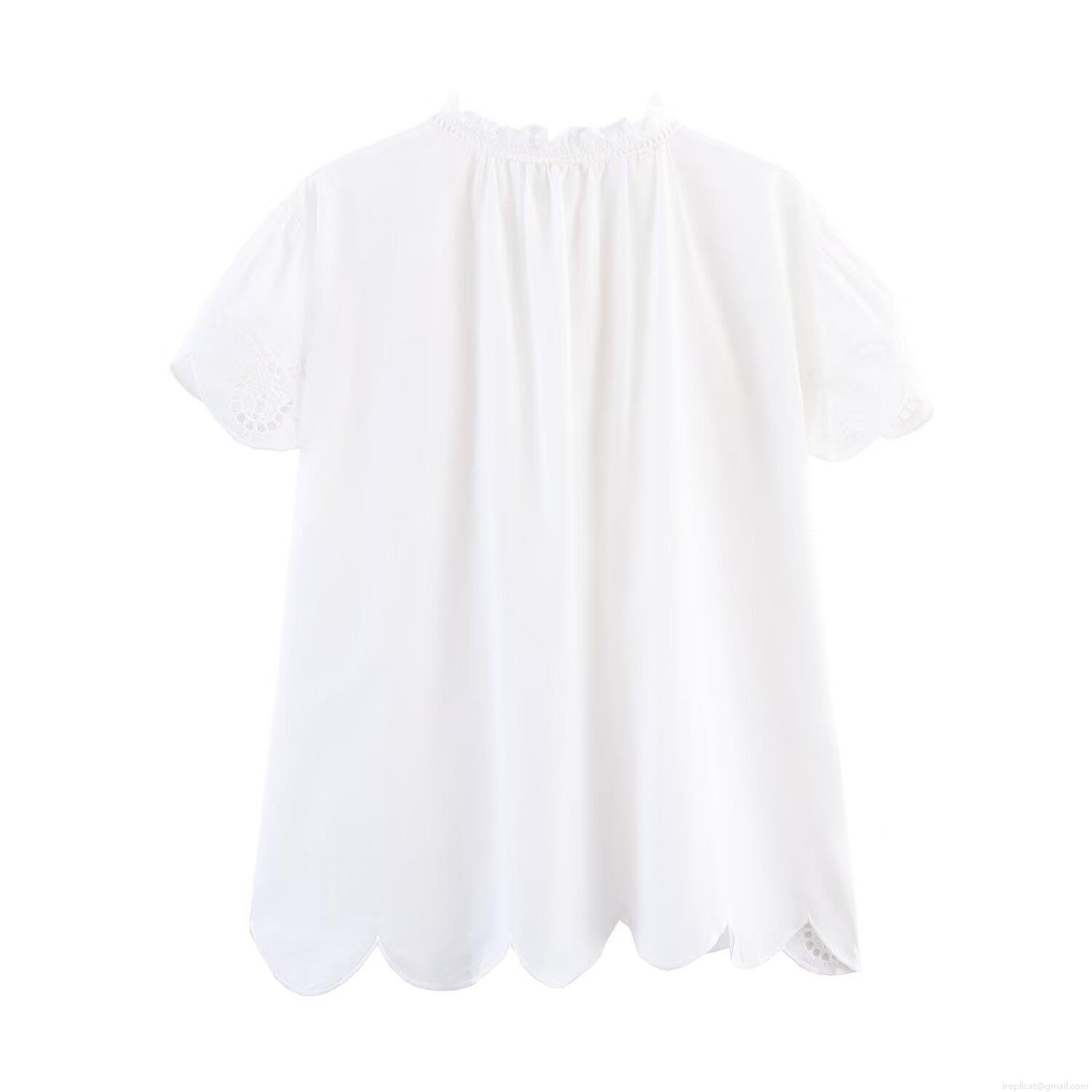 Women's Bohemian Hollow Out Embroidery Two Piece Set 85% Cotton Lace-up V-Neck Short Sleeve Blouse And Elastic Waist A-Line Midi Skirt Sweet White Casual Outfit