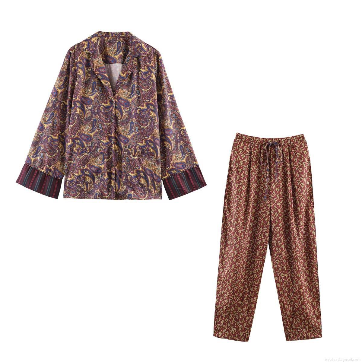 Women's Loungewear Set Piece Vintage Paisley Print Long Sleeve Button Down Shirt Drawstring Pants Comfortable Polyester Sleepwear Streetwear Outfit
