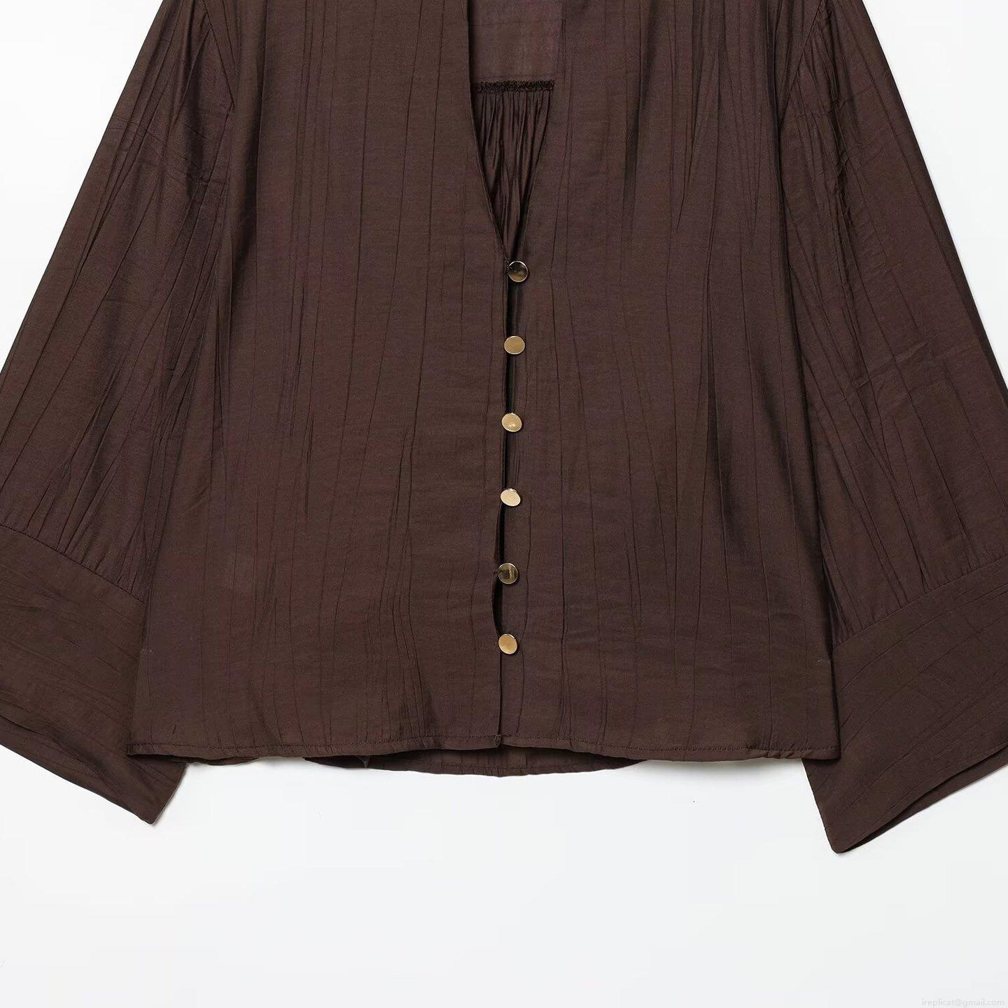Women's Pleated Two-Piece Set V-Neck Long Sleeve Shirt And Wide-Leg Pants Polyester Blend Casual Loungewear High Waist Drawstring Trousers Fall Fashion