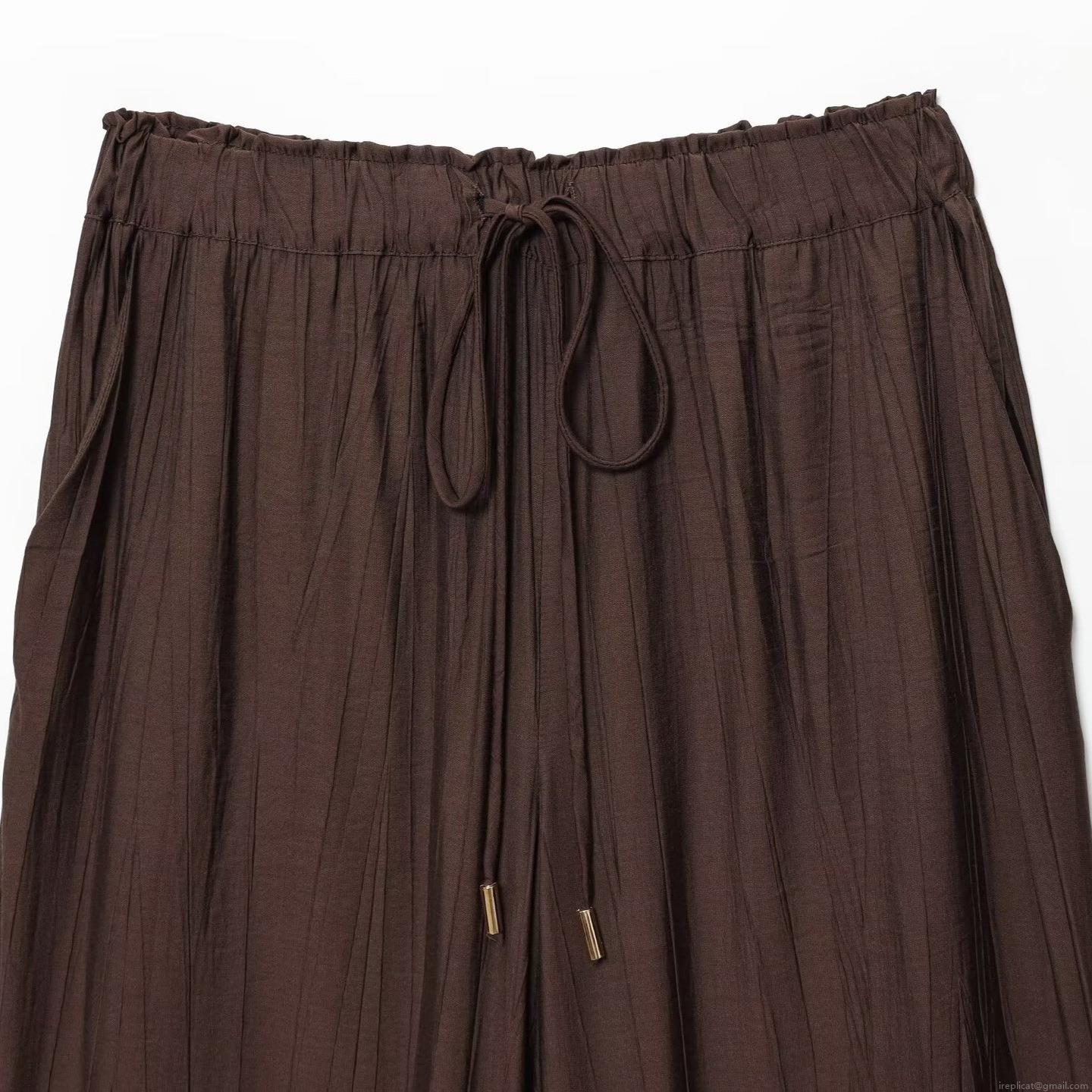 Women's Pleated Two-Piece Set V-Neck Long Sleeve Shirt And Wide-Leg Pants Polyester Blend Casual Loungewear High Waist Drawstring Trousers Fall Fashion