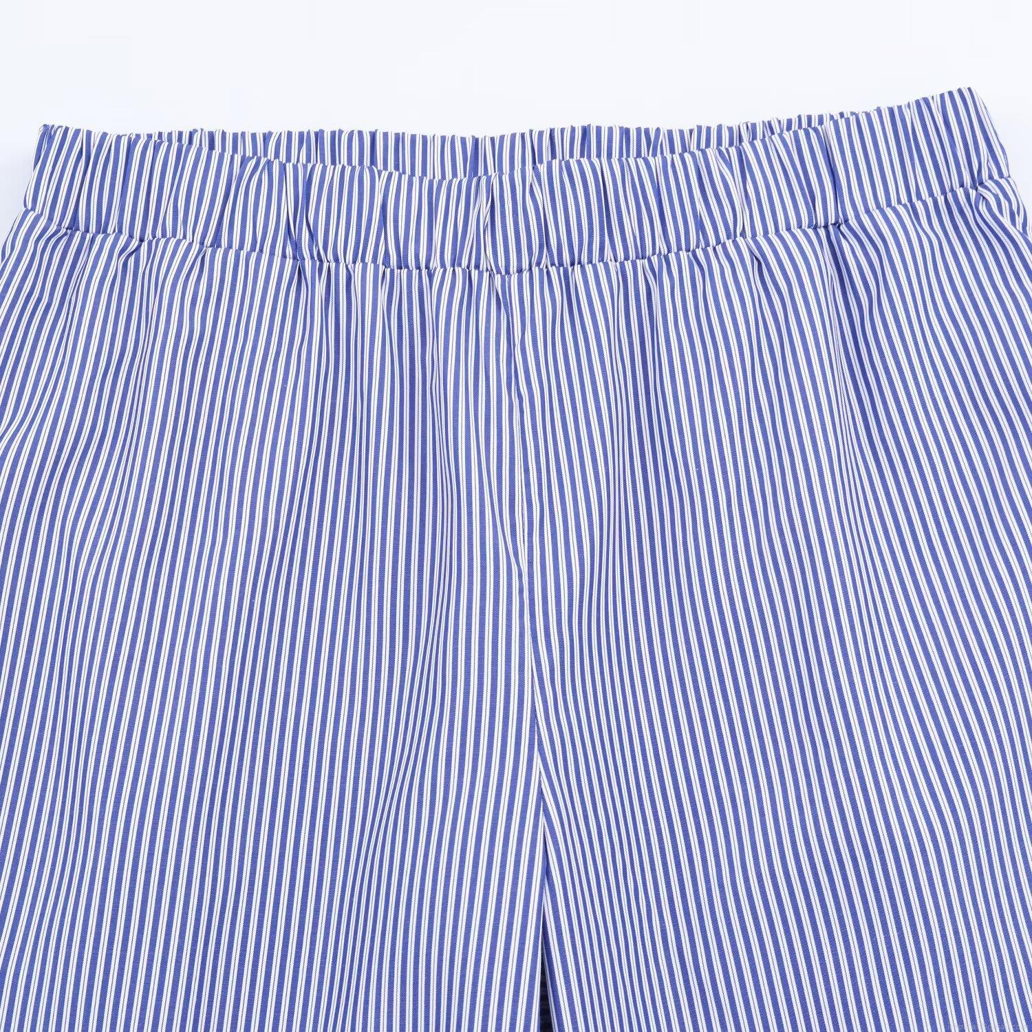 Women Striped Poplin Shirt and Pants Loungewear Set Long Sleeve Casual Contrast Piping Pajama Two Piece Suit for Home Daily Wear Sleepwear