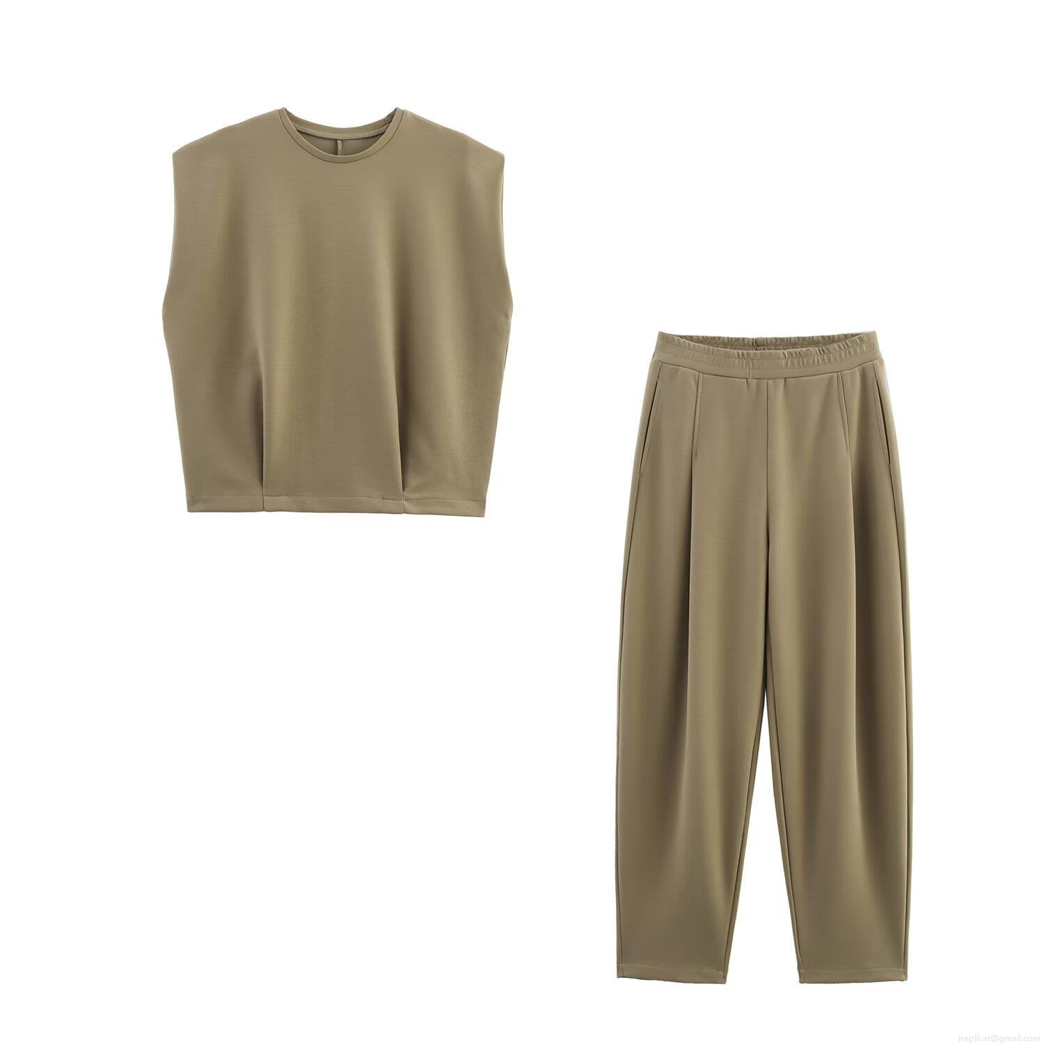 Women Washed Two Piece Loungewear Set Sleeveless Round Neck Padded Shoulder Top And High Waist Pleated Pants Streetwear Casual Solid Color Tracksuit