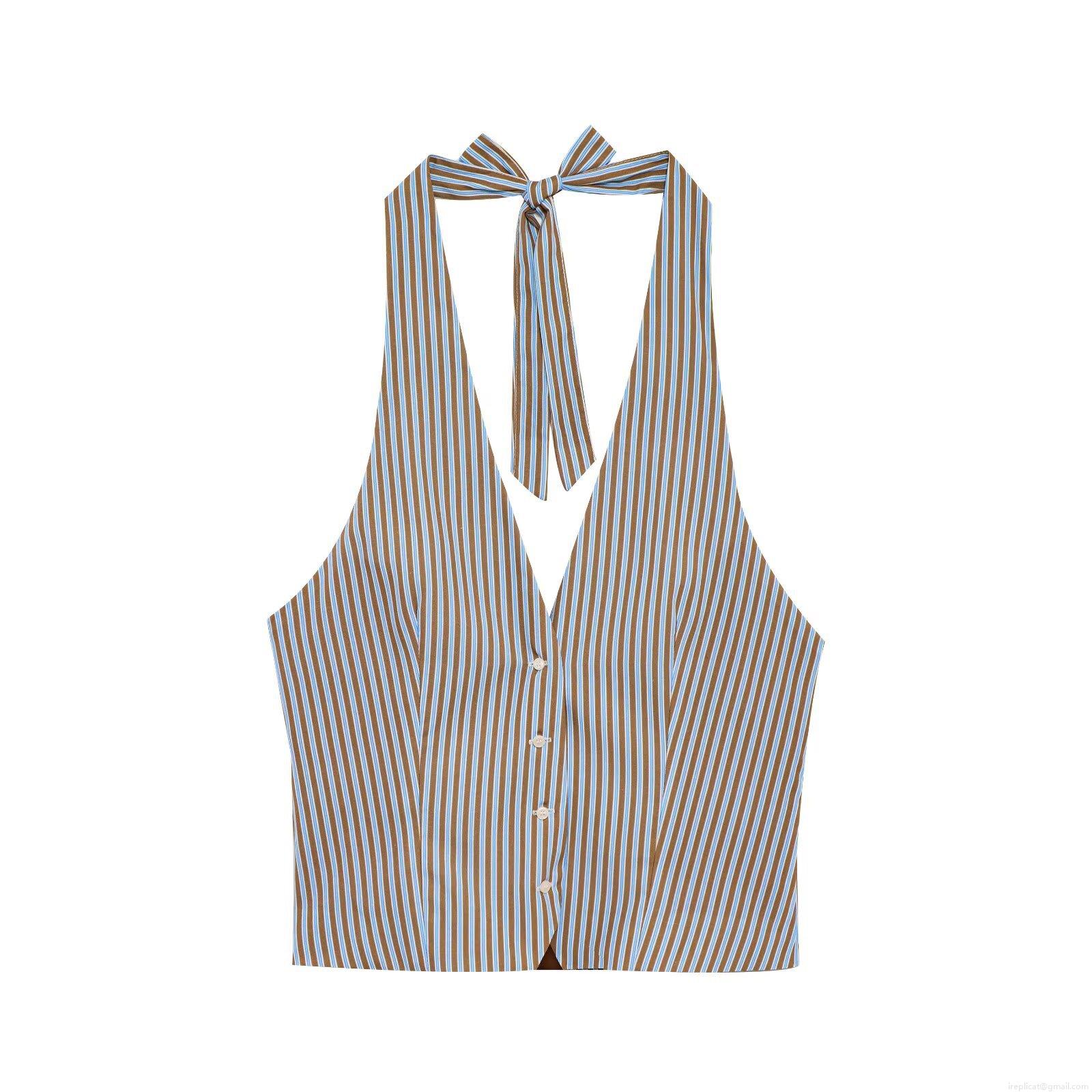 Women's Striped Halter Neck Top and Pants Set Cotton Blend Sleeveless Button Down Vest and Elastic Waist Trousers Casual Loungewear Suit Streetwear