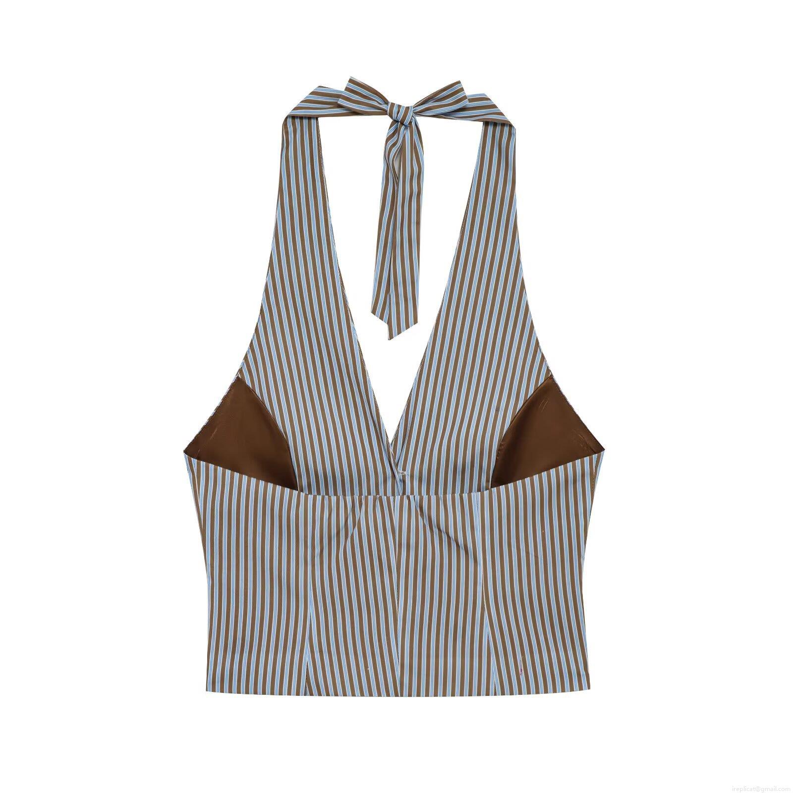Women's Striped Halter Neck Top and Pants Set Cotton Blend Sleeveless Button Down Vest and Elastic Waist Trousers Casual Loungewear Suit Streetwear