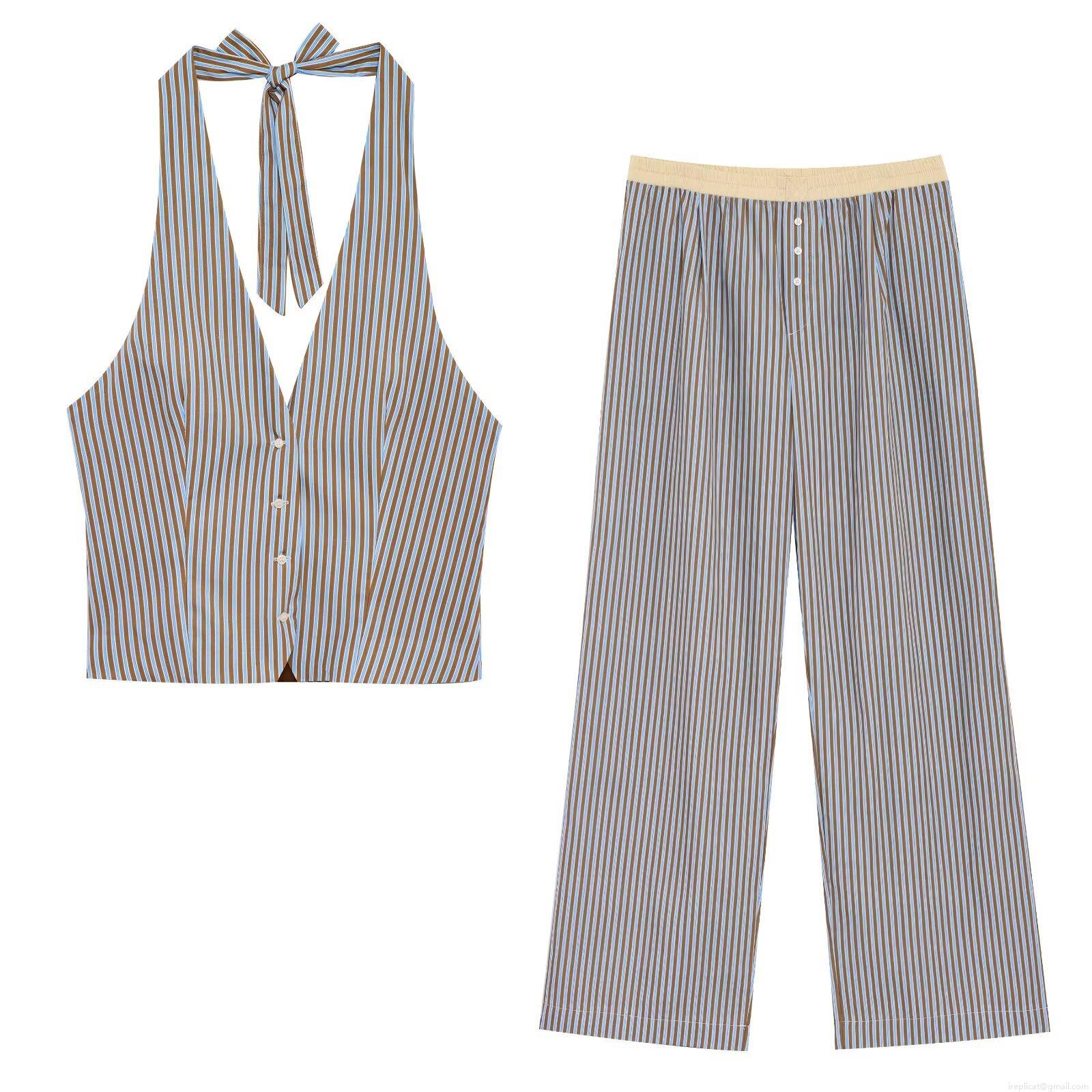 Women's Striped Halter Neck Top and Pants Set Cotton Blend Sleeveless Button Down Vest and Elastic Waist Trousers Casual Loungewear Suit Streetwear