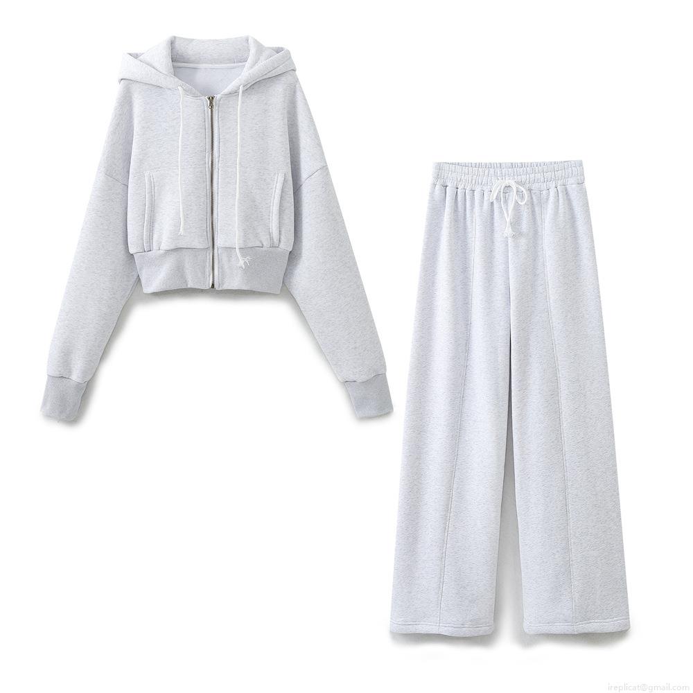 Women's Casual Cotton Blend Two Piece Set Hooded Zip Up Cropped Sweatshirt And Wide Leg Pants Set Solid Color Loungewear Tracksuit For Women