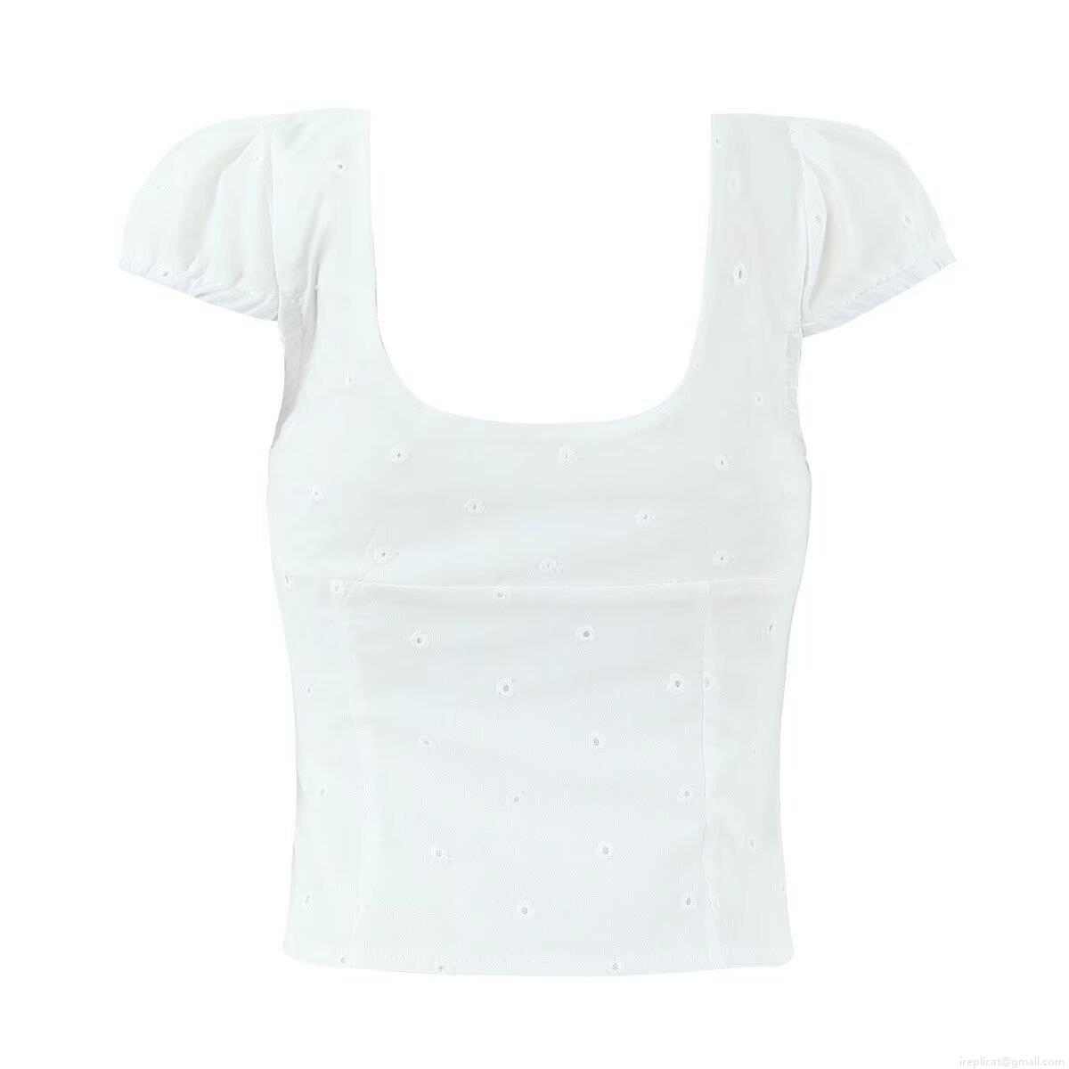 Women's 100% Cotton Eyelet Embroidery Crop Top And Maxi Skirt French Pastoral Style Short Puff Sleeve Button Up Square Neck Top High Waist Elastic A-Line Long Skirt Bohemian Summer Beach Holiday White Outfits