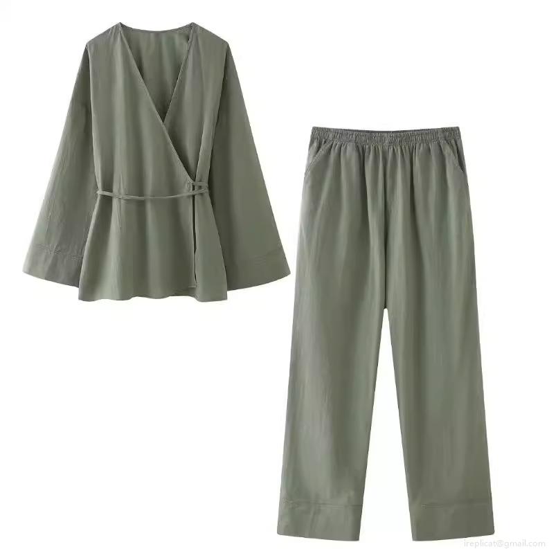 Women's 2 Piece Casual Loungewear Set Japanese Style Wrap Tie V Neck Long Sleeve Top and Wide Leg Pants Soft Solid Color Summer Vacation Outfit
