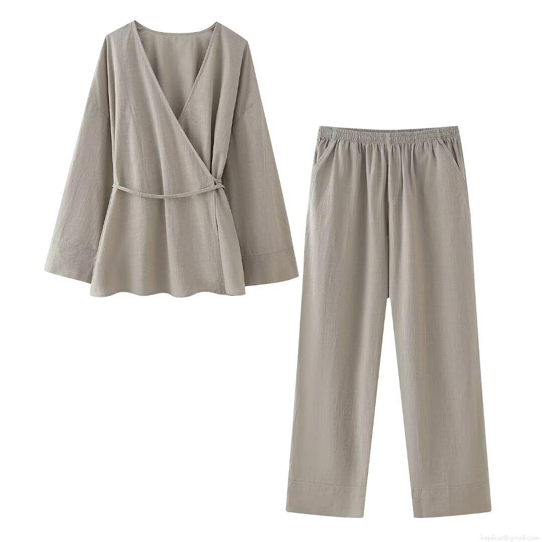 Women's 2 Piece Casual Loungewear Set Japanese Style Wrap Tie V Neck Long Sleeve Top and Wide Leg Pants Soft Solid Color Summer Vacation Outfit