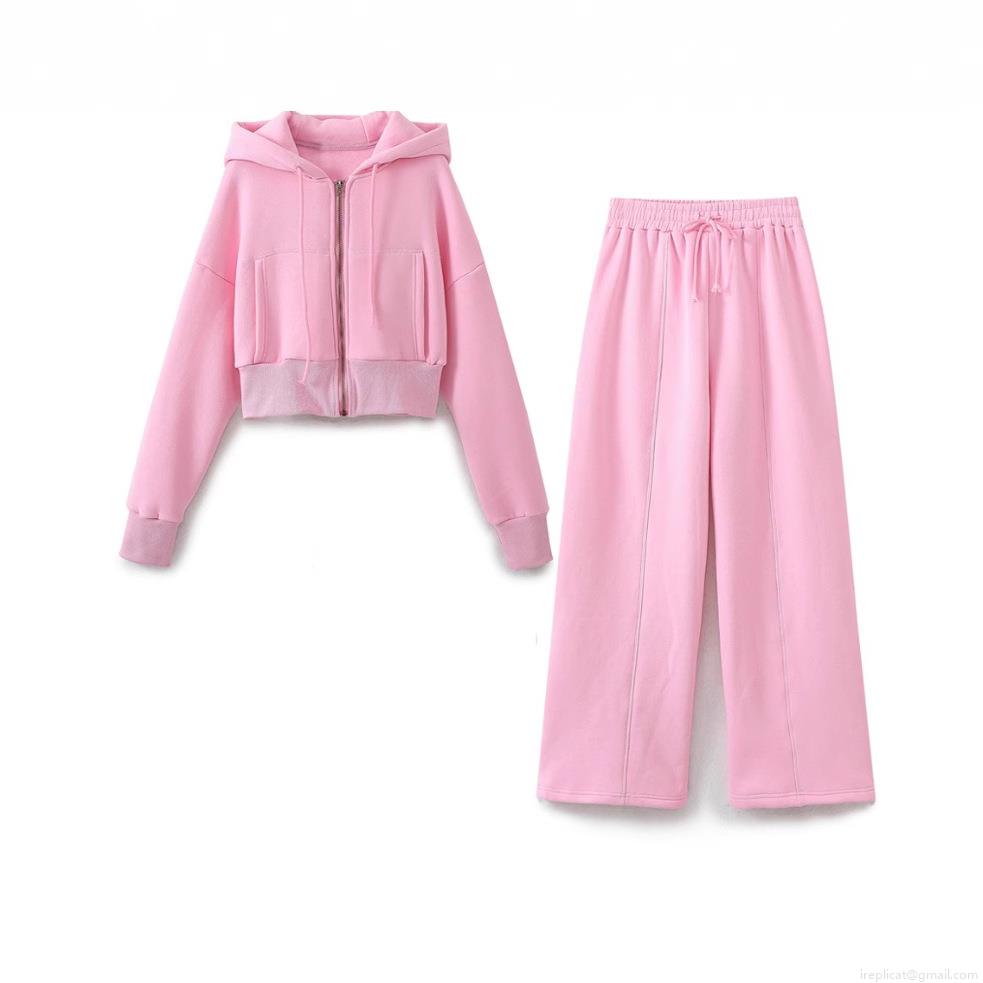Women's Sporty Casual Short Hooded Zipper Sweatshirt And High Waist Wide Leg Pants Set Cotton Polyester Blend Lounge Tracksuit Activewear