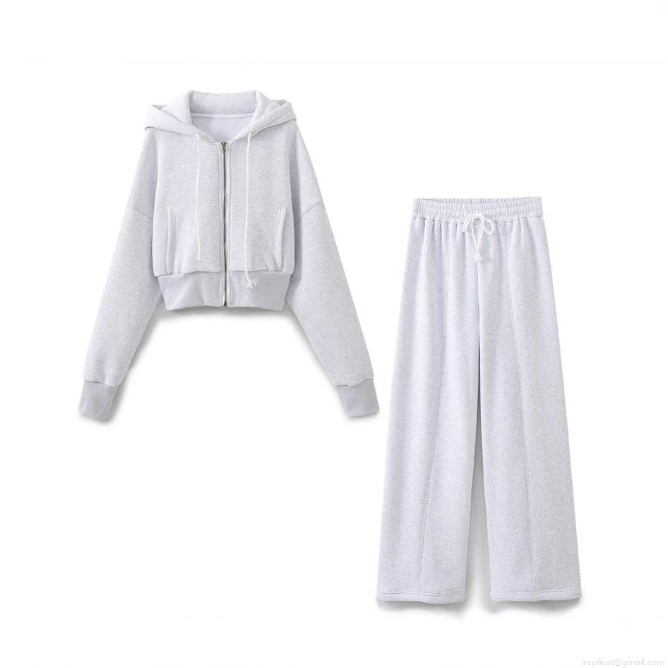 Women's Sporty Casual Short Hooded Zipper Sweatshirt And High Waist Wide Leg Pants Set Cotton Polyester Blend Lounge Tracksuit Activewear