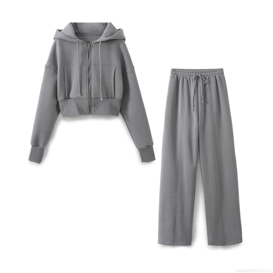 Women's Sporty Casual Short Hooded Zipper Sweatshirt And High Waist Wide Leg Pants Set Cotton Polyester Blend Lounge Tracksuit Activewear