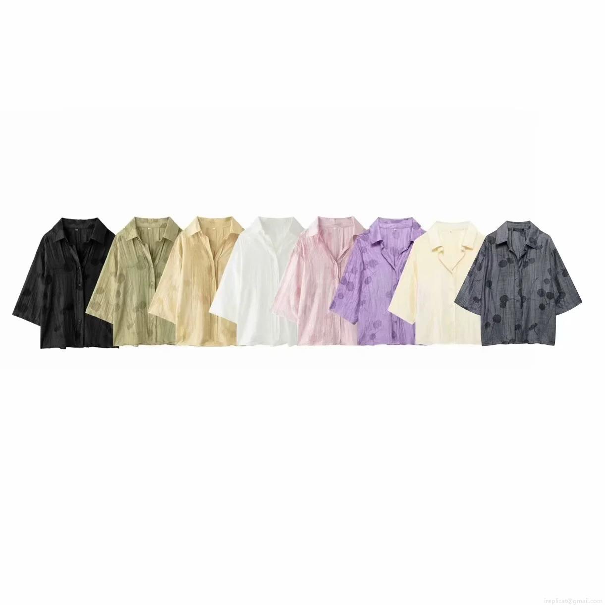 Women's Loungewear Set Jacquard Polyester Button Up Shirt And Drawstring Pants Two Piece Vacation Casual Loose Pajamas Set For Women