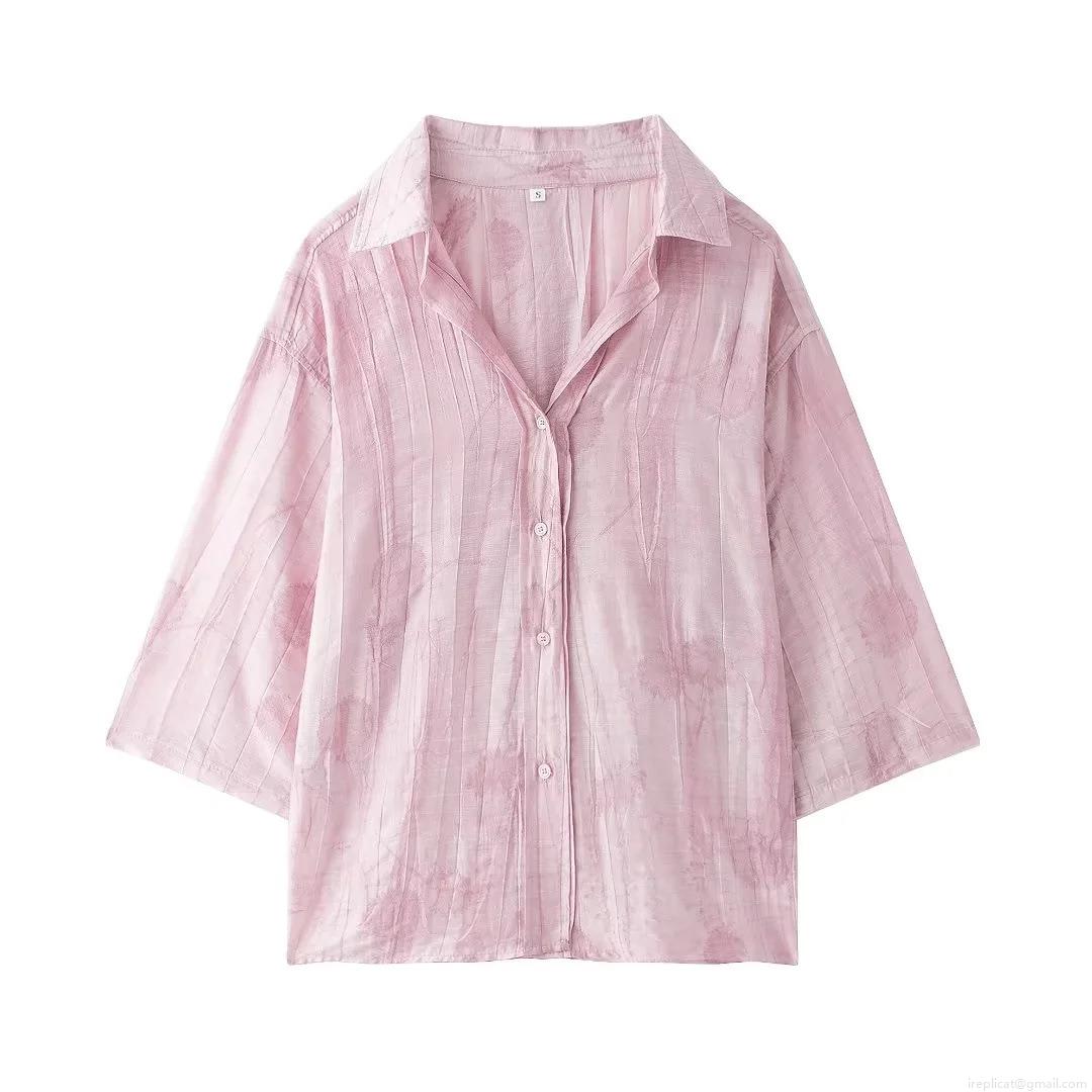 Women's Loungewear Set Jacquard Polyester Button Up Shirt And Drawstring Pants Two Piece Vacation Casual Loose Pajamas Set For Women