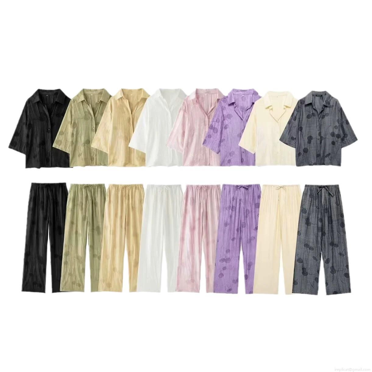 Women's Loungewear Set Jacquard Polyester Button Up Shirt And Drawstring Pants Two Piece Vacation Casual Loose Pajamas Set For Women