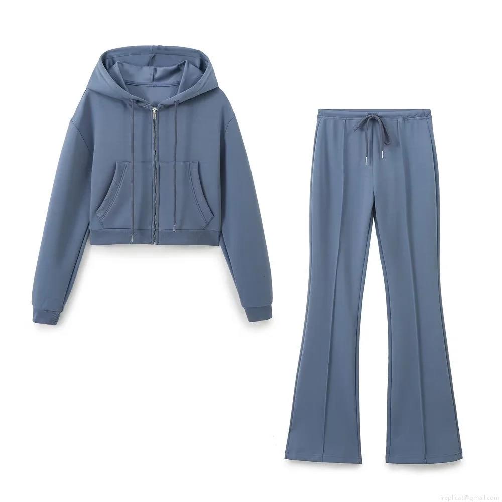 Women's Casual 2 Piece Sportswear Set Hooded Crop Zipper Sweatshirt Top and High Waist Flare Pants Loungewear Tracksuit Outfits