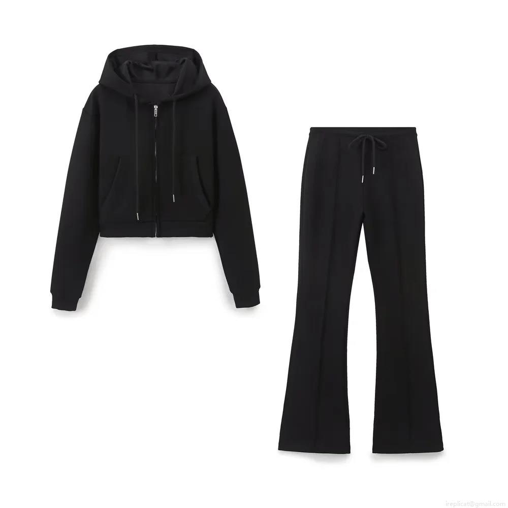 Women's Casual 2 Piece Sportswear Set Hooded Crop Zipper Sweatshirt Top and High Waist Flare Pants Loungewear Tracksuit Outfits